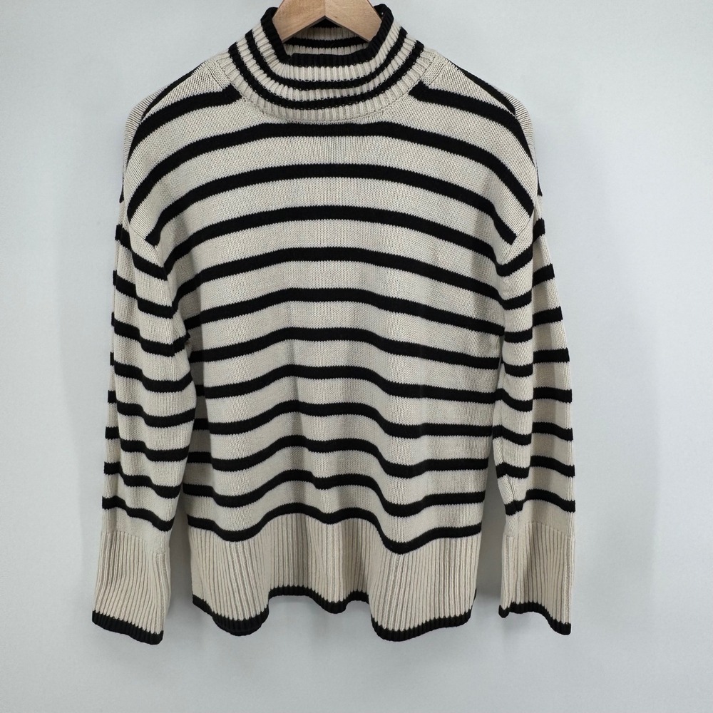 Lucky Brand Sweater Womens Small Cotton Knit Boxy Mock Neck Striped Nautical